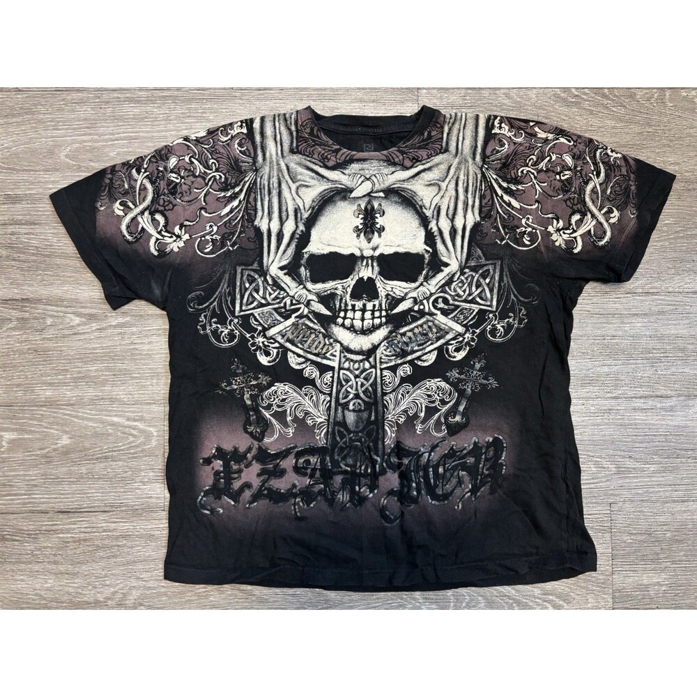 Vintage Y2K Xzavier graphic t-shirt ornate skull gothic typography Size 2x